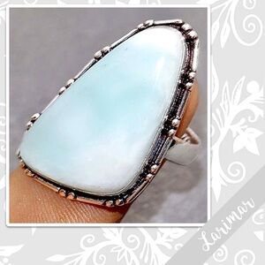 Larimar Large Eclectic Silver Artisan Ring, Size 9 (Pale Aqua / Turquoise Blue)